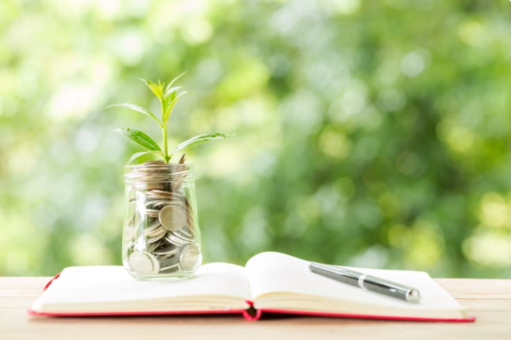 A seedling growing from a jar of coins resting on an open notebook