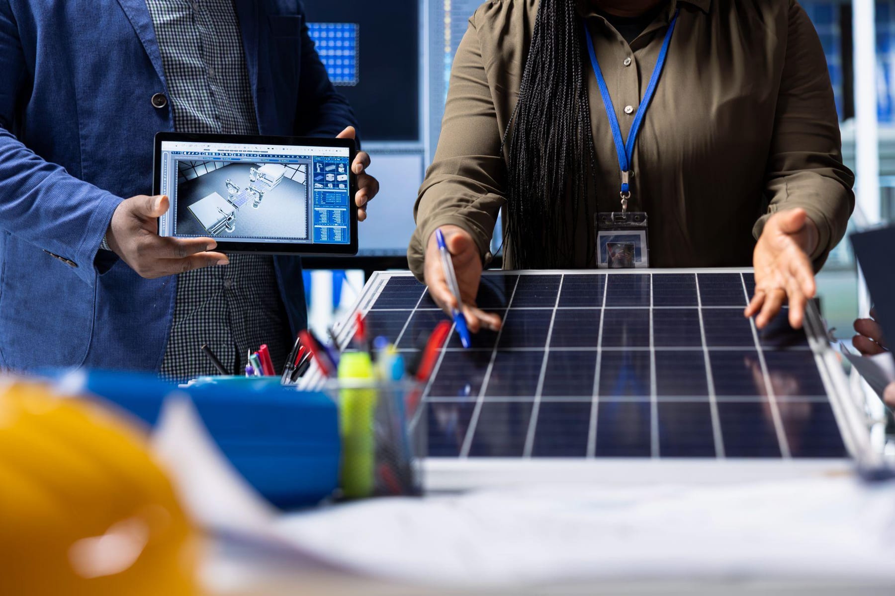 Two engineers reviewing a solar panel and a 3D design on a tablet at a workbench